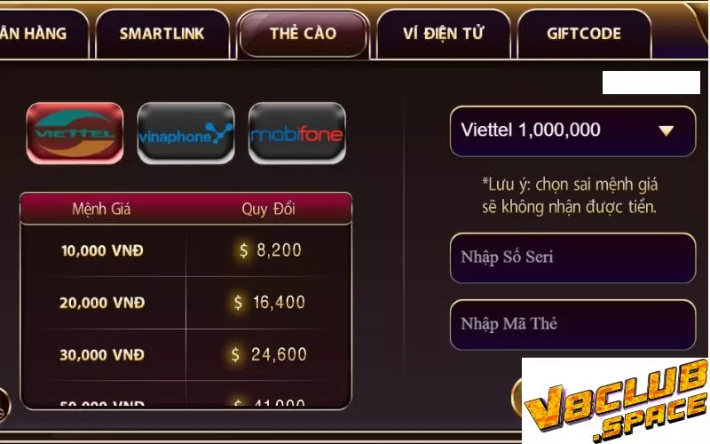 Nạp tiền V8club qua thẻ cào